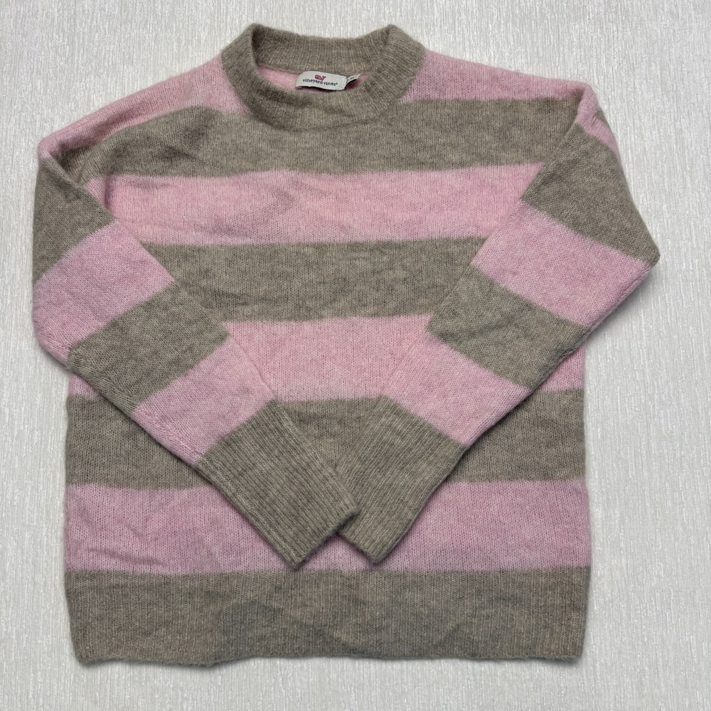 Vineyard Vines Alpaca Wool Sweater Womens XS Pink Gray Striped Crew Neck Preppy